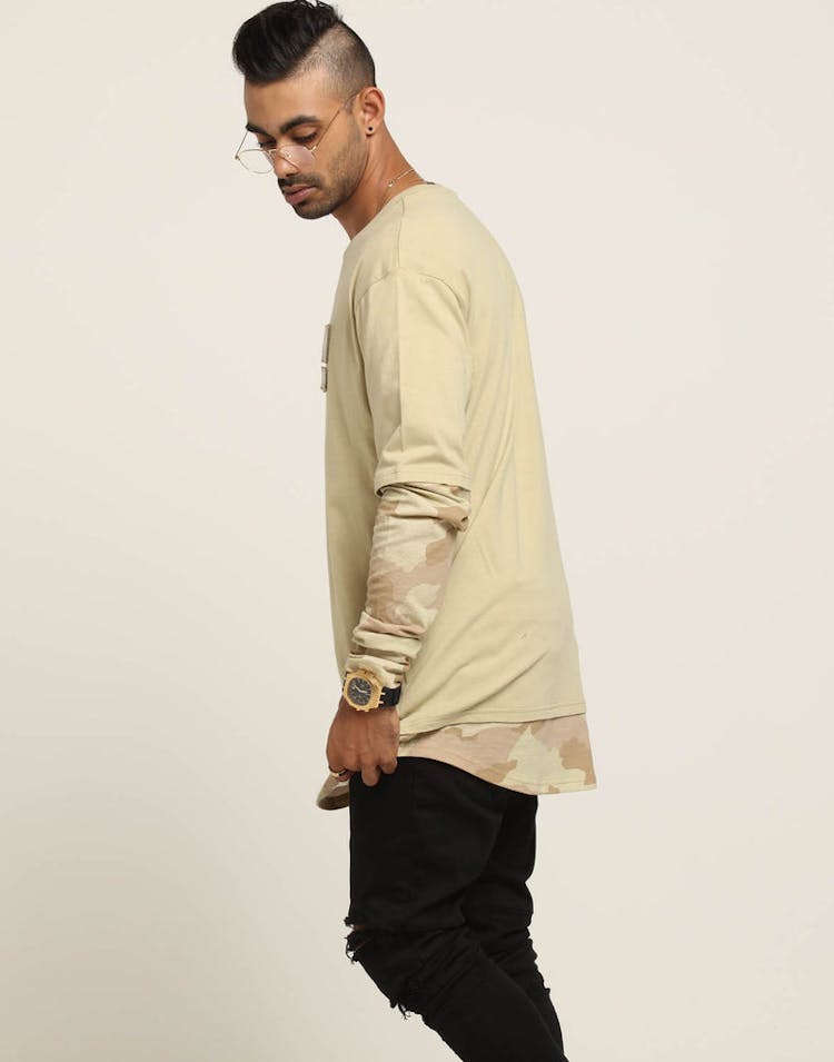 DXPE Chef Oversized Layered Camo Long Sleeve Tee Sand