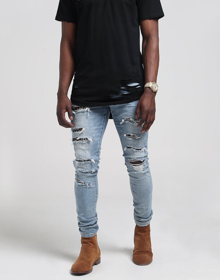 Saint Morta Leopard Distressed Skinny Jean Vintage Blue