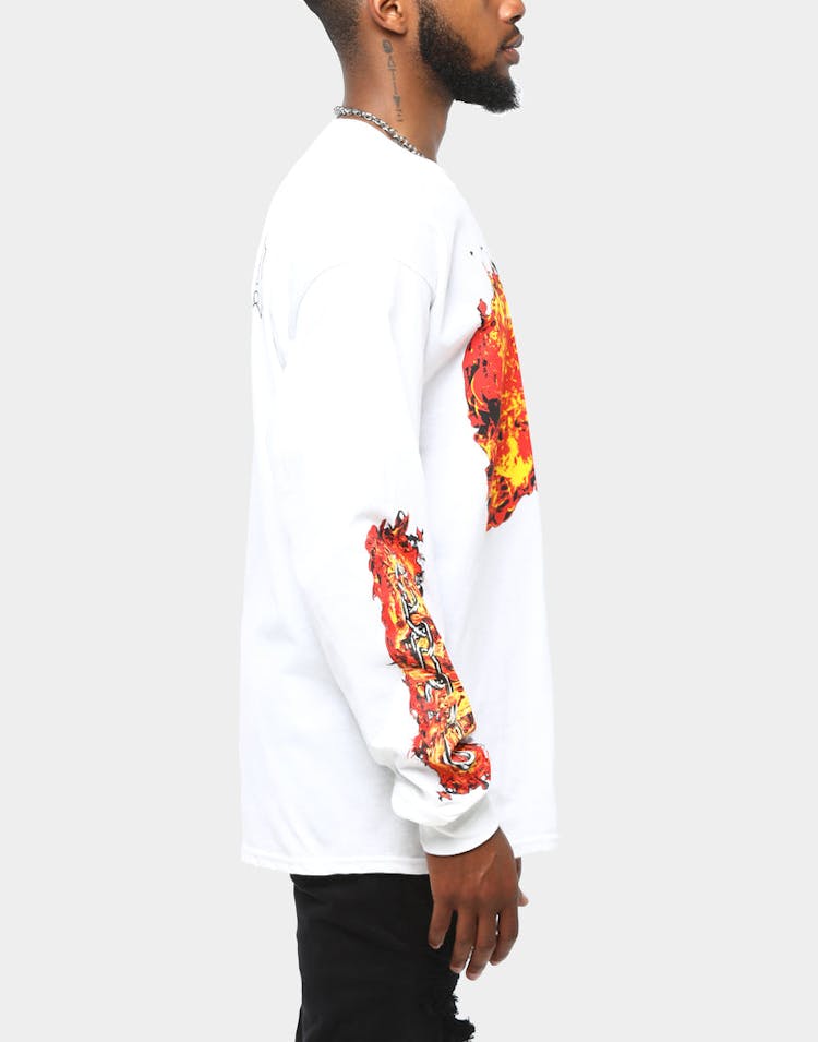 Fuego By Tyga Flaming Skull LS Tee White