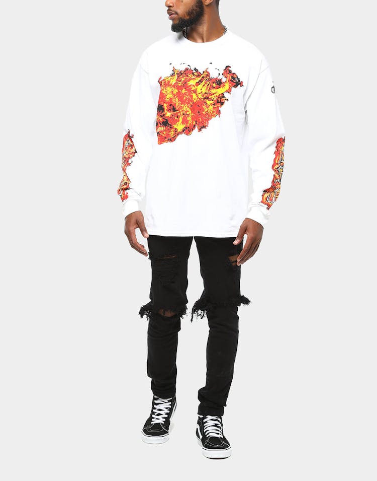 Fuego By Tyga Flaming Skull LS Tee White