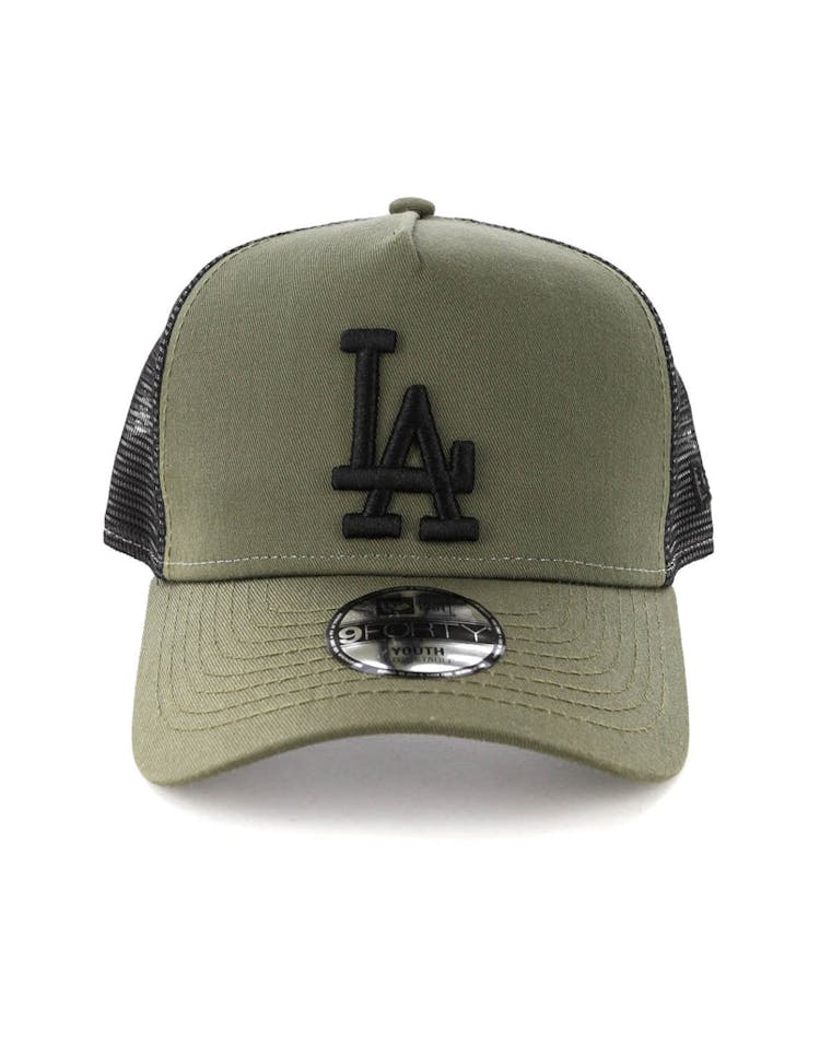 New Era Youth Los Angeles Dodgers 9FORTY A-Frame Trucker Snapback Olive/Black
