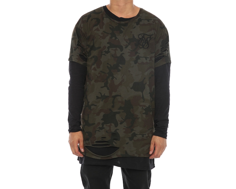 Sik Silk Double Layered Ripped Long Sleeve Tee Camo/Black