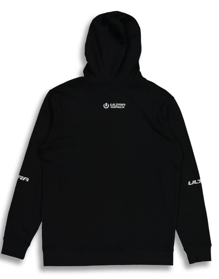 Ultra Australia Music Merch Pocket Logo Sleeve print Hood Black