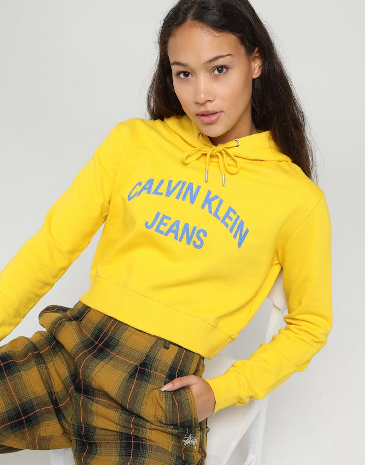 Calvin Klein Women's Curved Logo Crop Hood Lemon