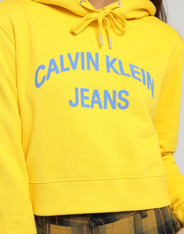 Calvin Klein Women's Curved Logo Crop Hood Lemon