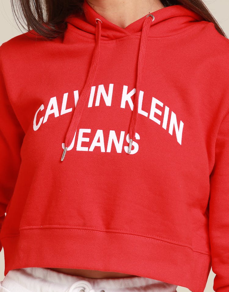 Calvin Klein Women's Institutional Curved Logo Crop Hood Red/White