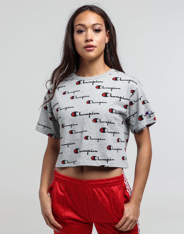 Champion Women's Cropped Print Tee Oxford Grey Heather/Script