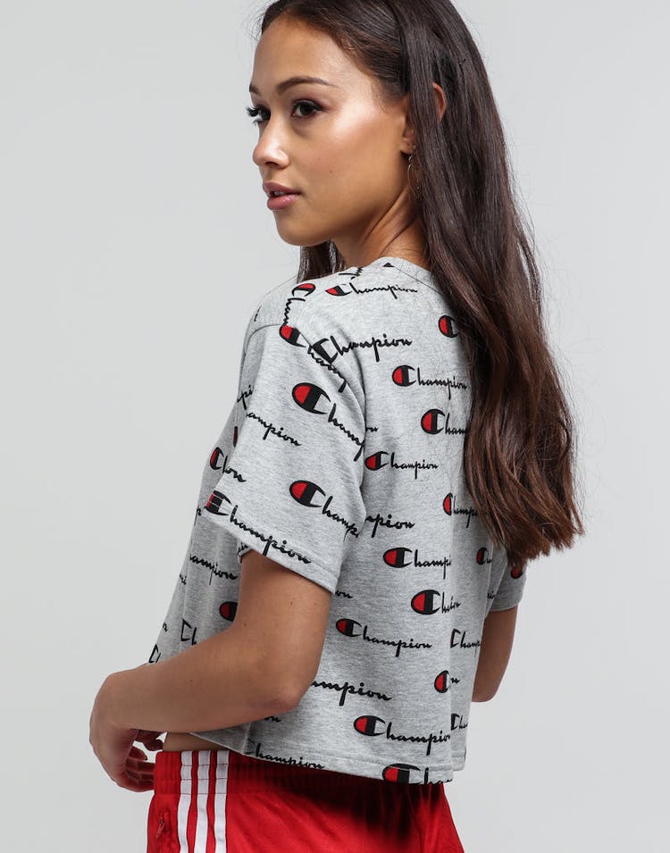 Champion Women's Cropped Print Tee Oxford Grey Heather/Script