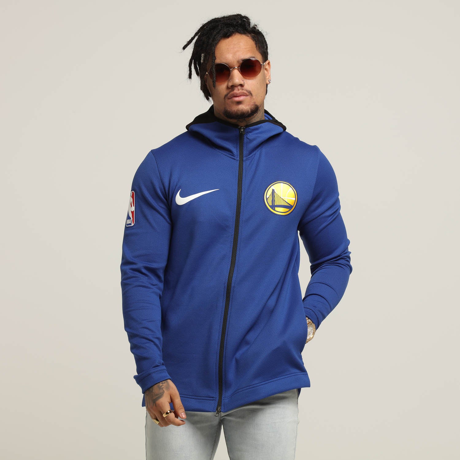 golden state warriors nike men's therma flex back to back champions trophy ring banner showtime full zip hoodie