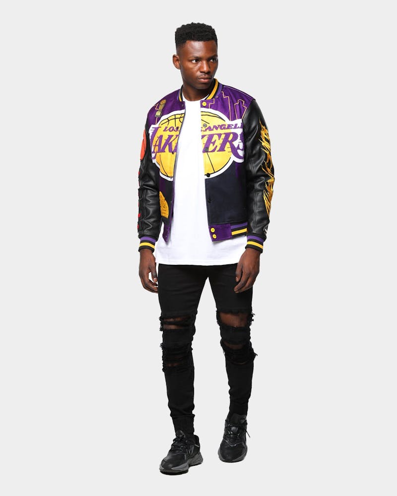 Men S Black Pyramid Los Angeles Lakers Logo Varsity Jacket Yellow Culture Kings