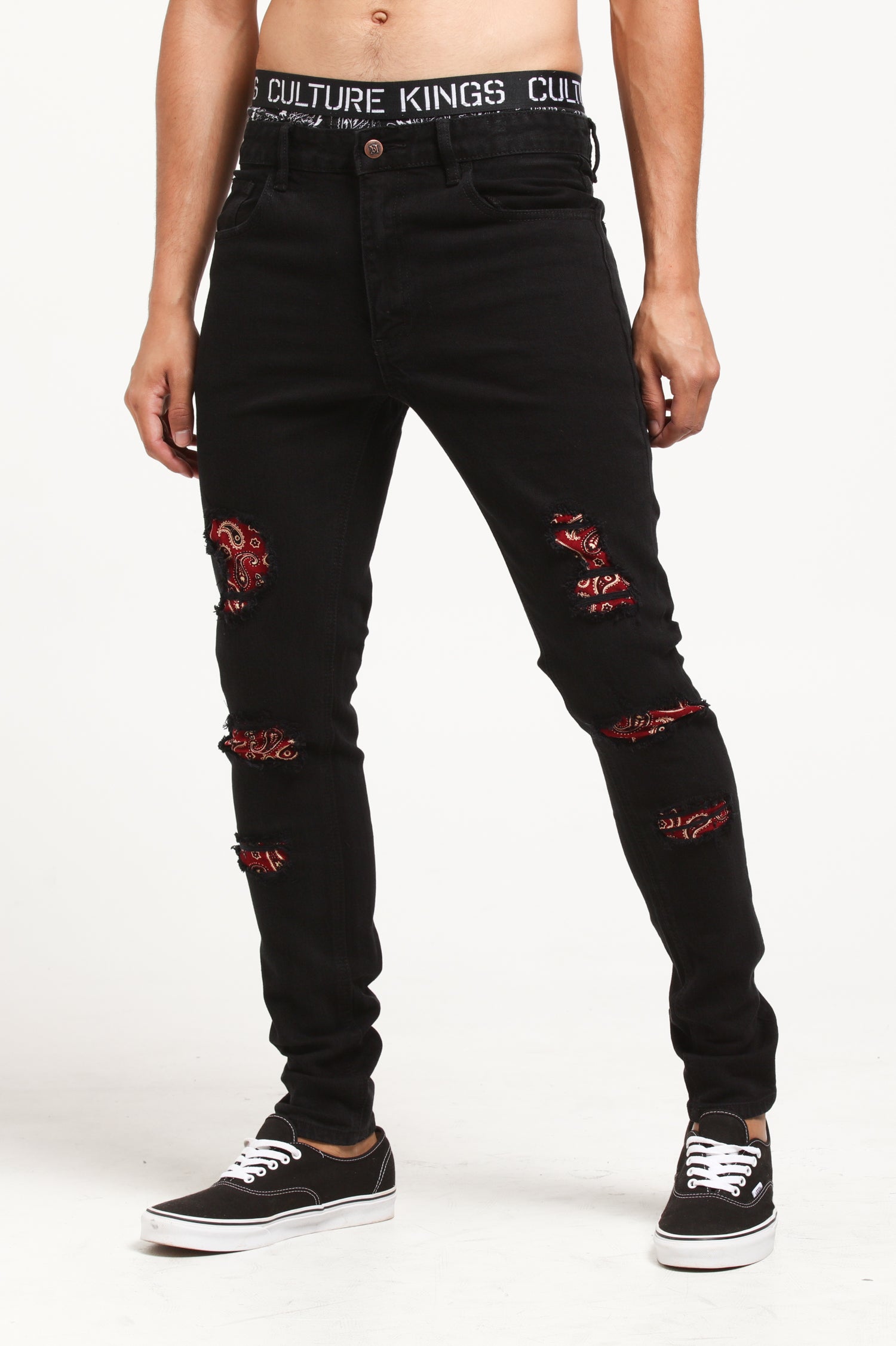 black and red ripped jeans