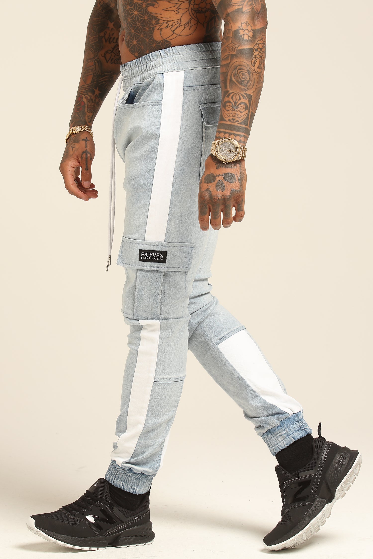 light blue denim joggers