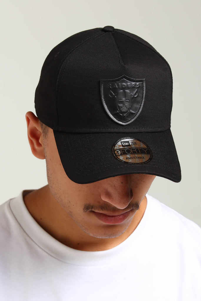 New Era Raiders 9FORTY A-Frame Leather Logo Strapback Black Leather