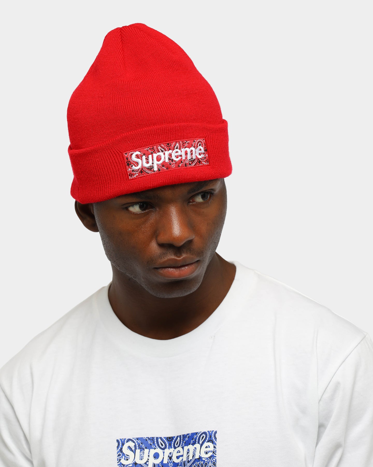 supreme beanie black red logo