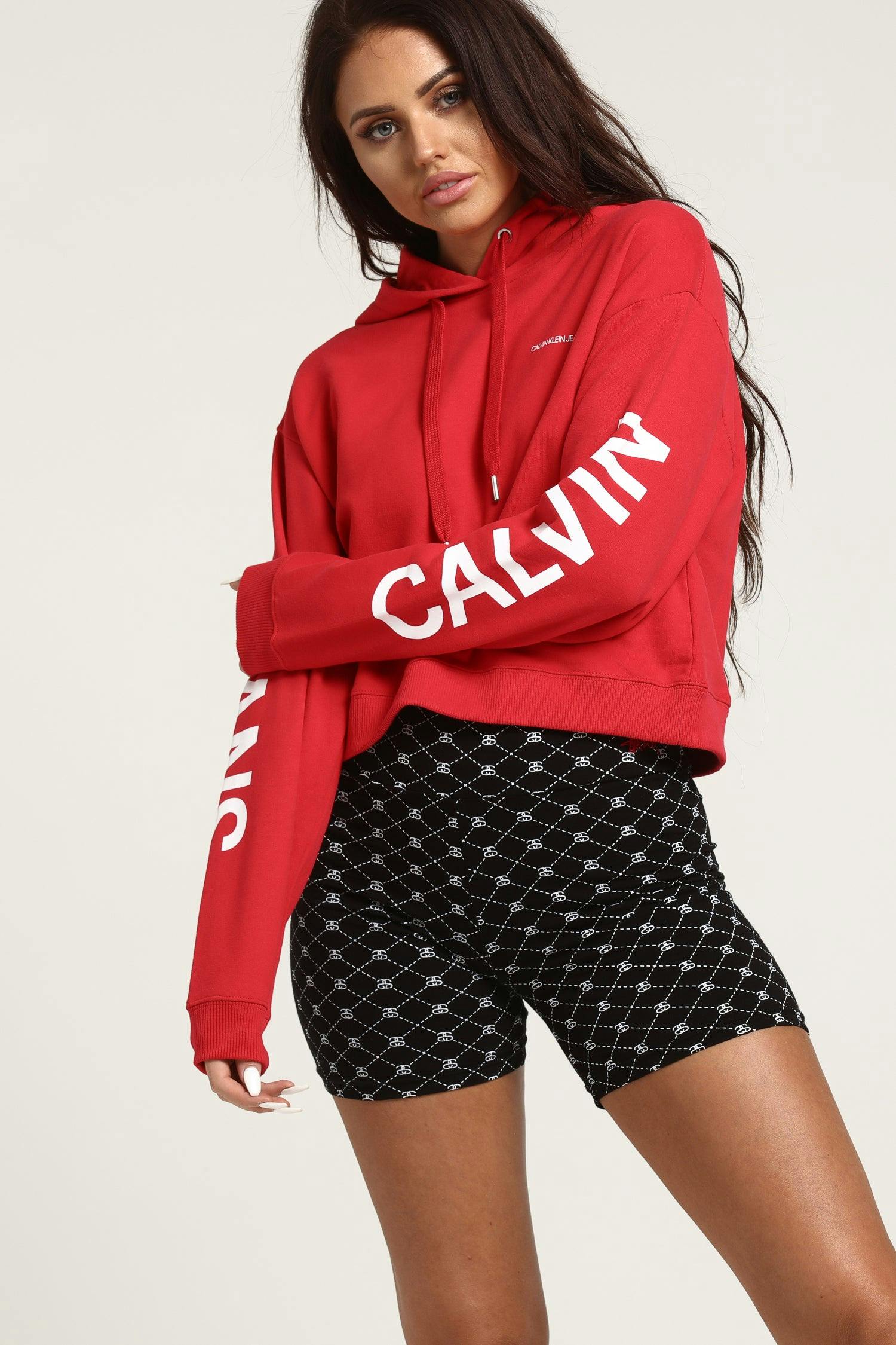 Calvin Klein Women's Cropped Institutional Hoodie Red 