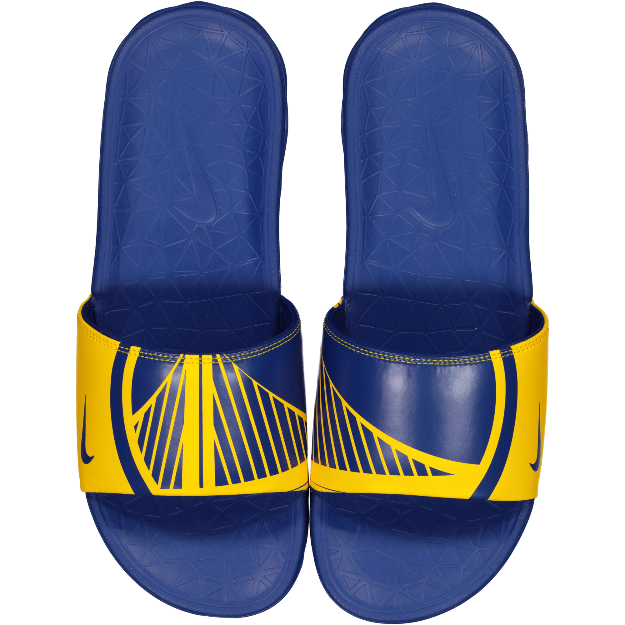 blue and yellow nike slides