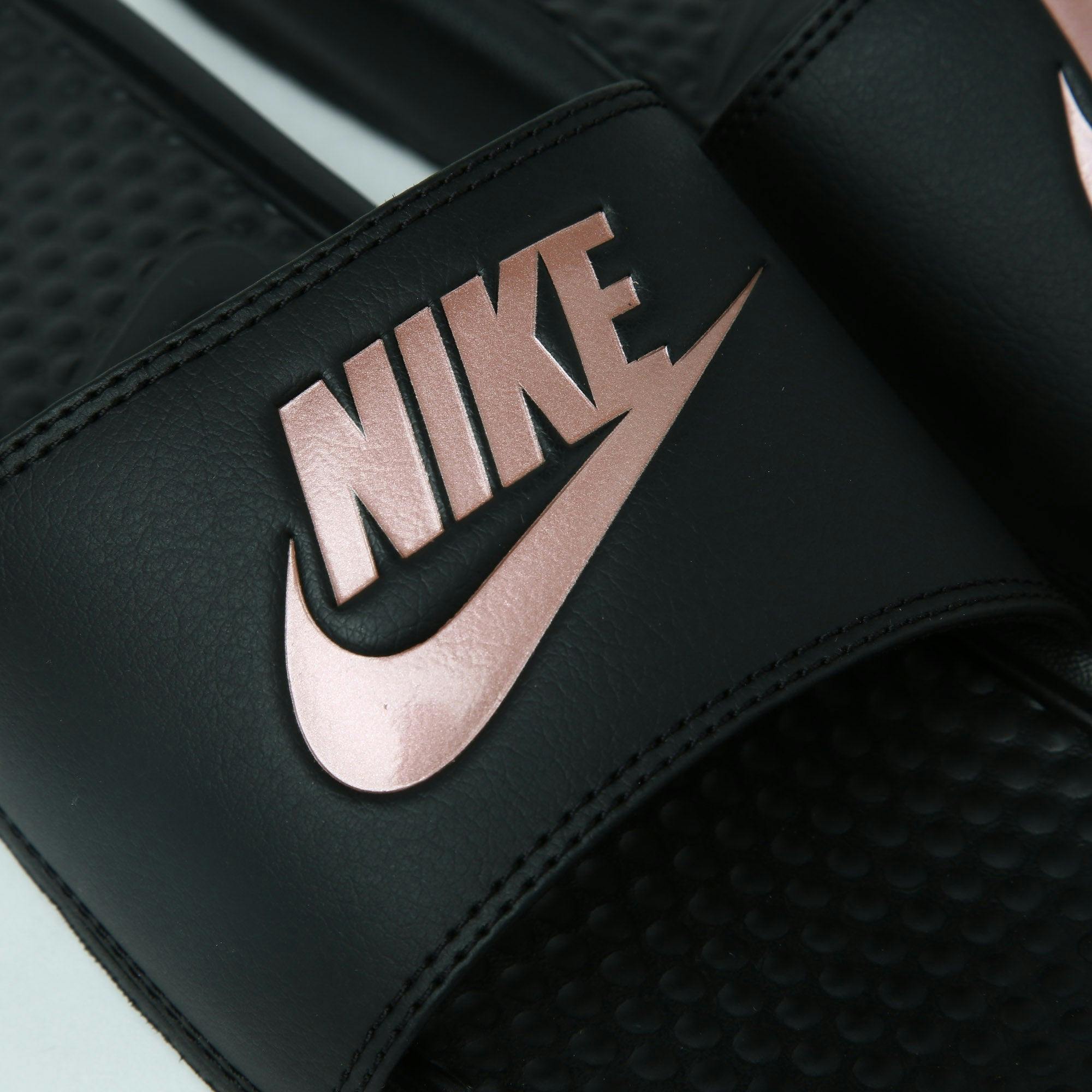 nike benassi slides women's black and rose gold