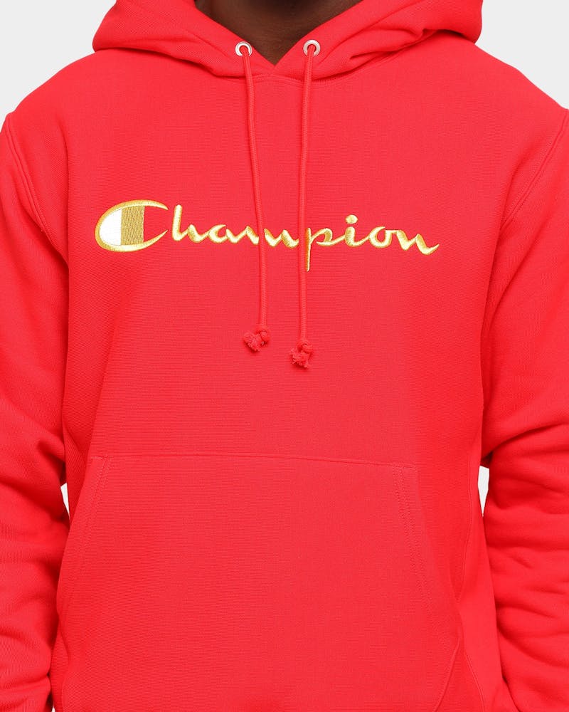 Champion Men's Rev Weave Embroidered Script Hoodie Red/Gold Culture Kings